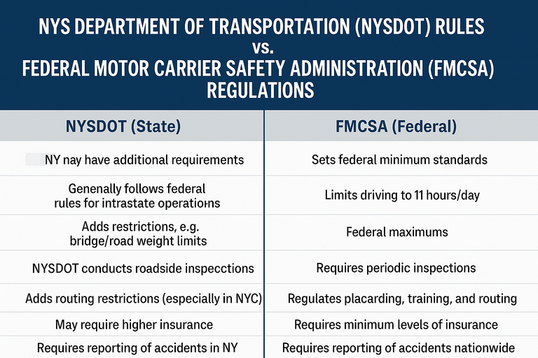 NYS Department of Transportation (NYSDOT) rules vs. Federal Motor Carrier Safety Administration (FMCSA) regulations.