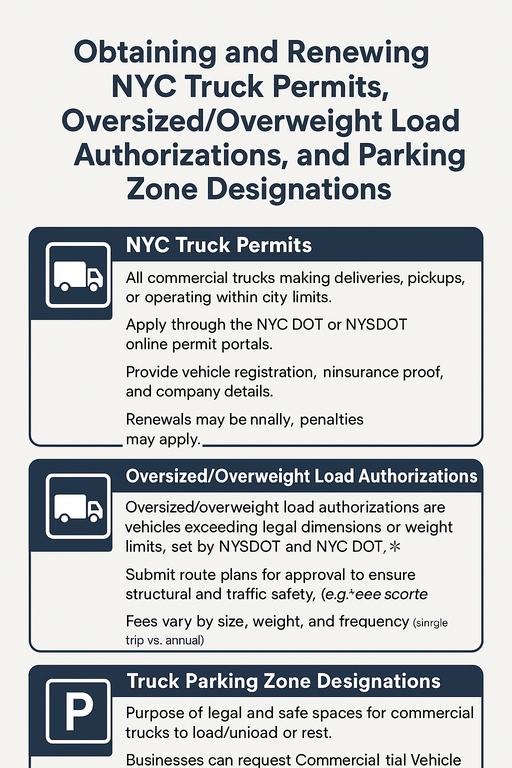 Obtaining and renewing NYC truck permits, oversized/overweight load authorizations, and parking zone designations.