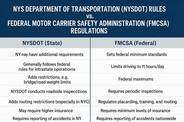 NYS Department of Transportation (NYSDOT) rules vs. Federal Motor Carrier Safety Administration (FMCSA) regulations.