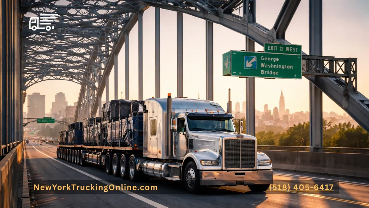 Heavy-duty semi-truck with multiple axles crossing a steel bridge in New York at sunrise, demonstrating weight compliance and