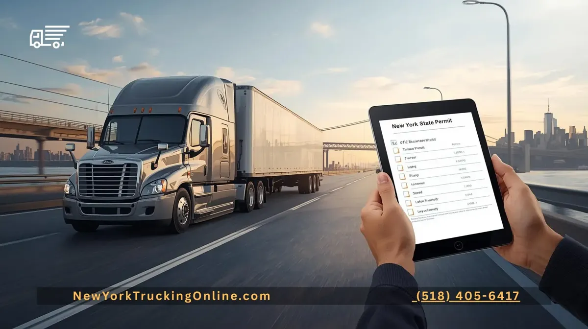 New York State Permit compliance checklist while an oversized load drives on a highway