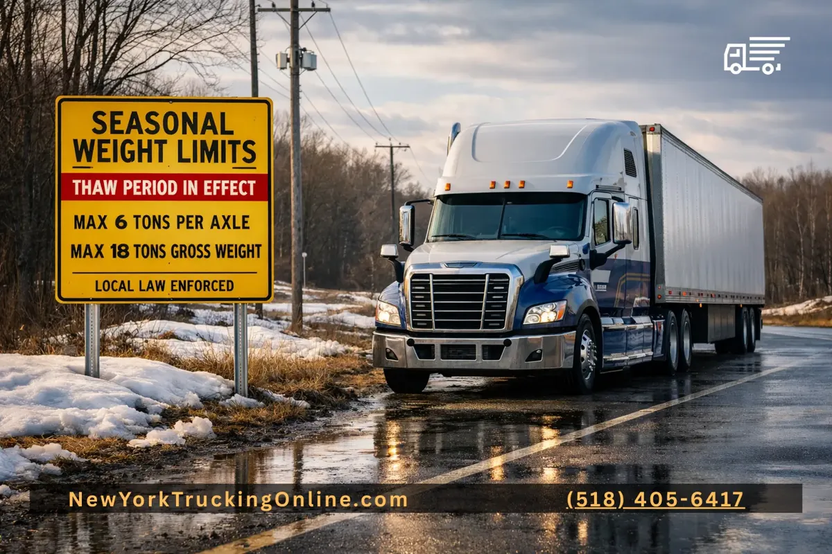 Semi-truck parked near seasonal weight restriction sign during spring thaw in New York.