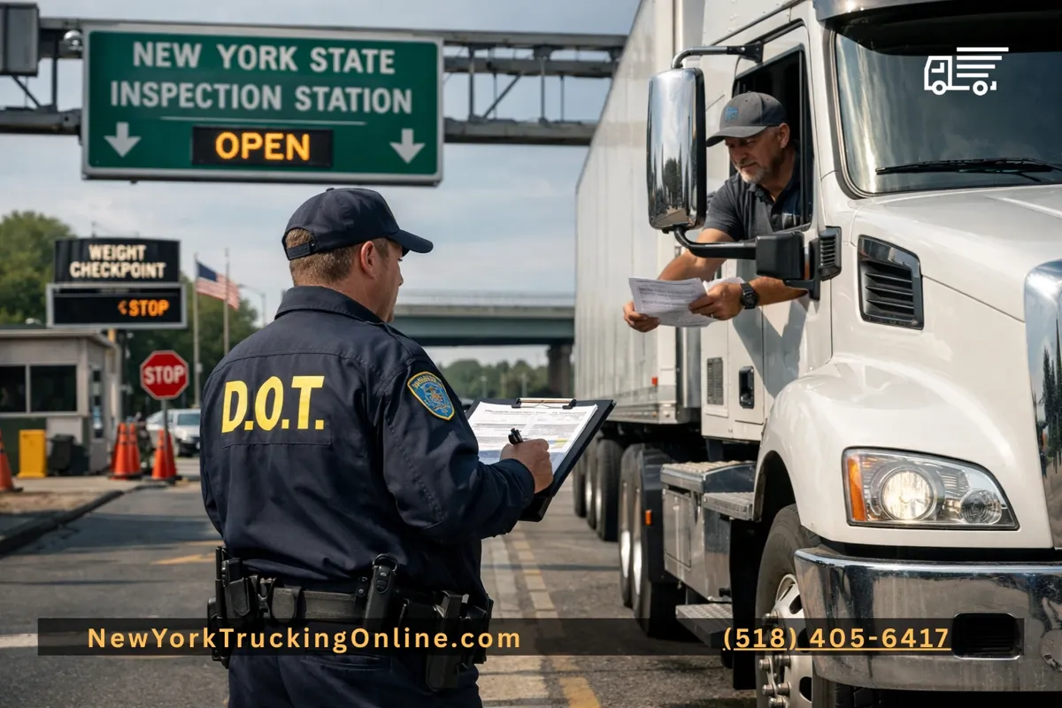 DOT officer inspecting a semi-truck at a New York weigh station.
