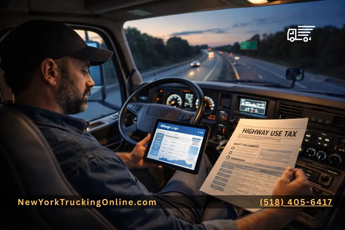 Owner-operator reviewing NY Highway Use Tax paperwork and mileage logs inside a semi-truck cab.