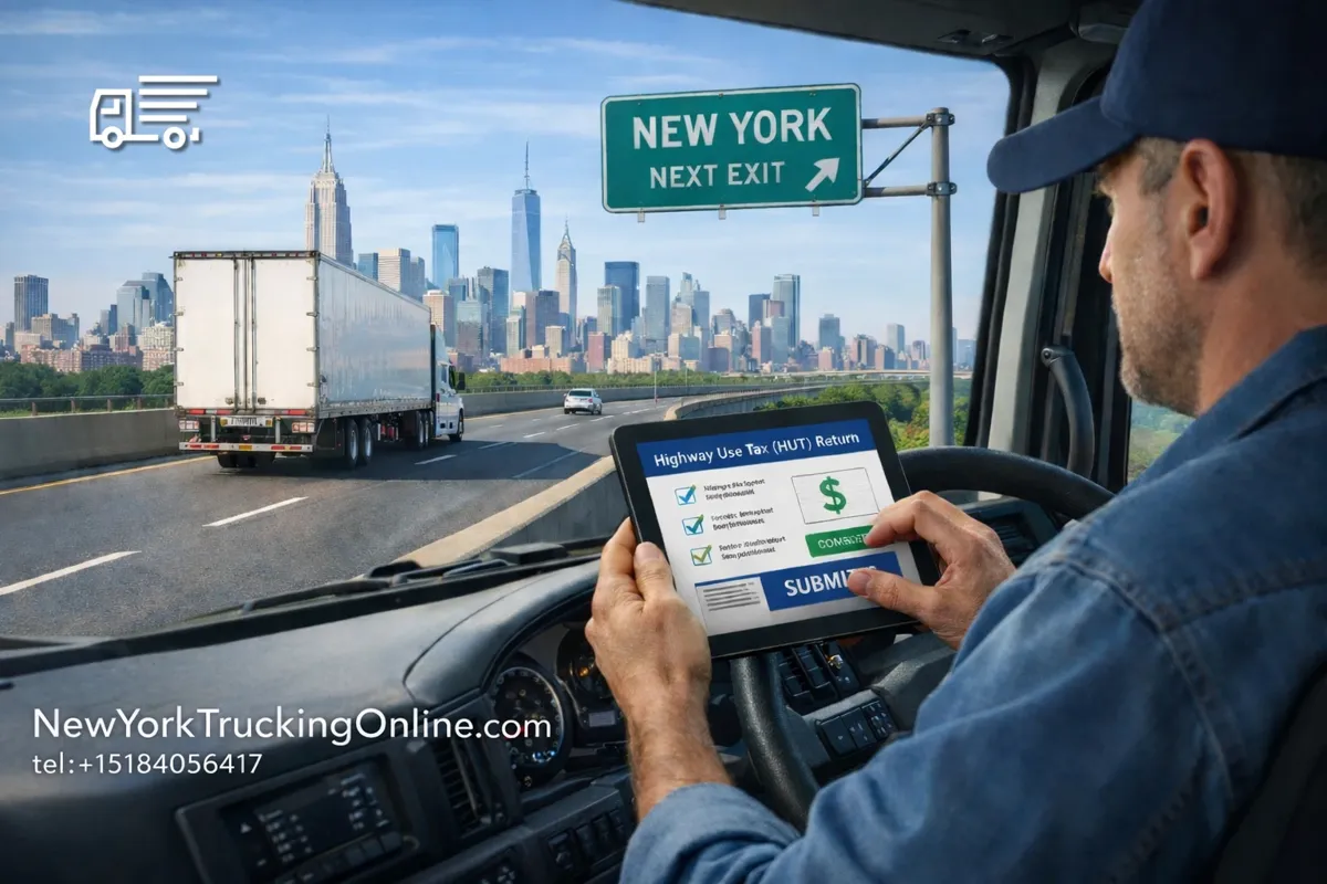 Truck driver filing the New York HUT return on a tablet while driving.