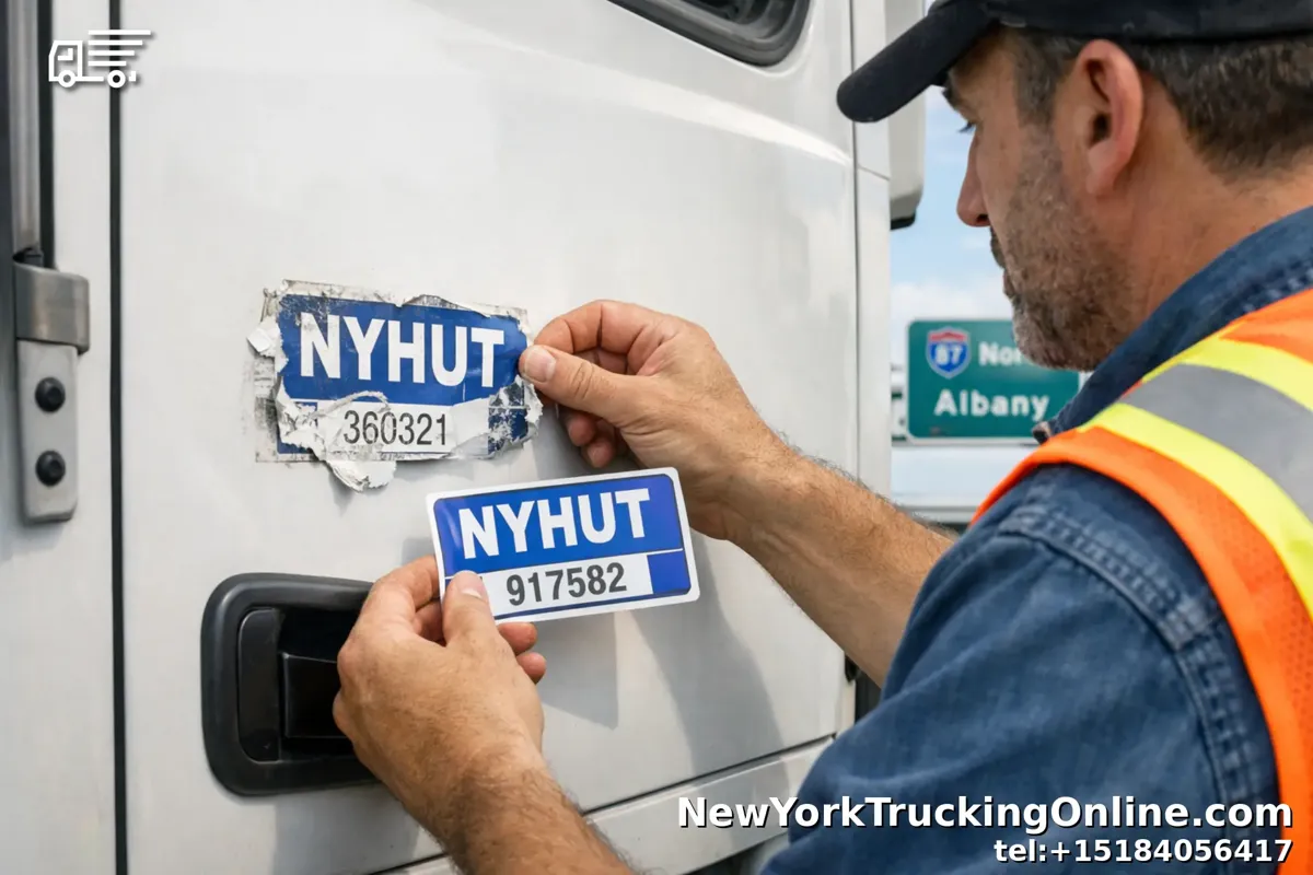 Truck driver replacing damaged NYHUT decal on semi-truck in New York.