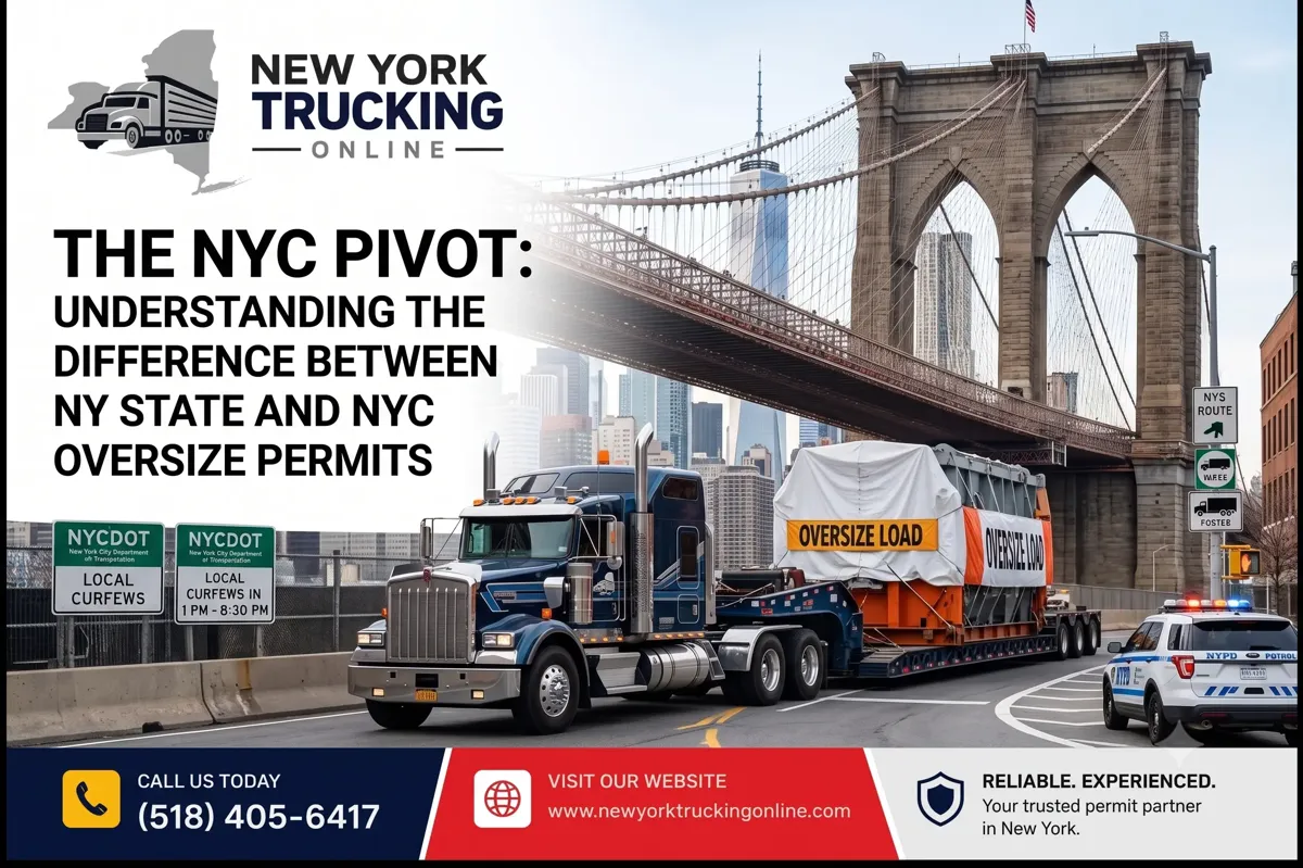 Oversized flatbed semi truck hauling heavy cargo on a New York highway.