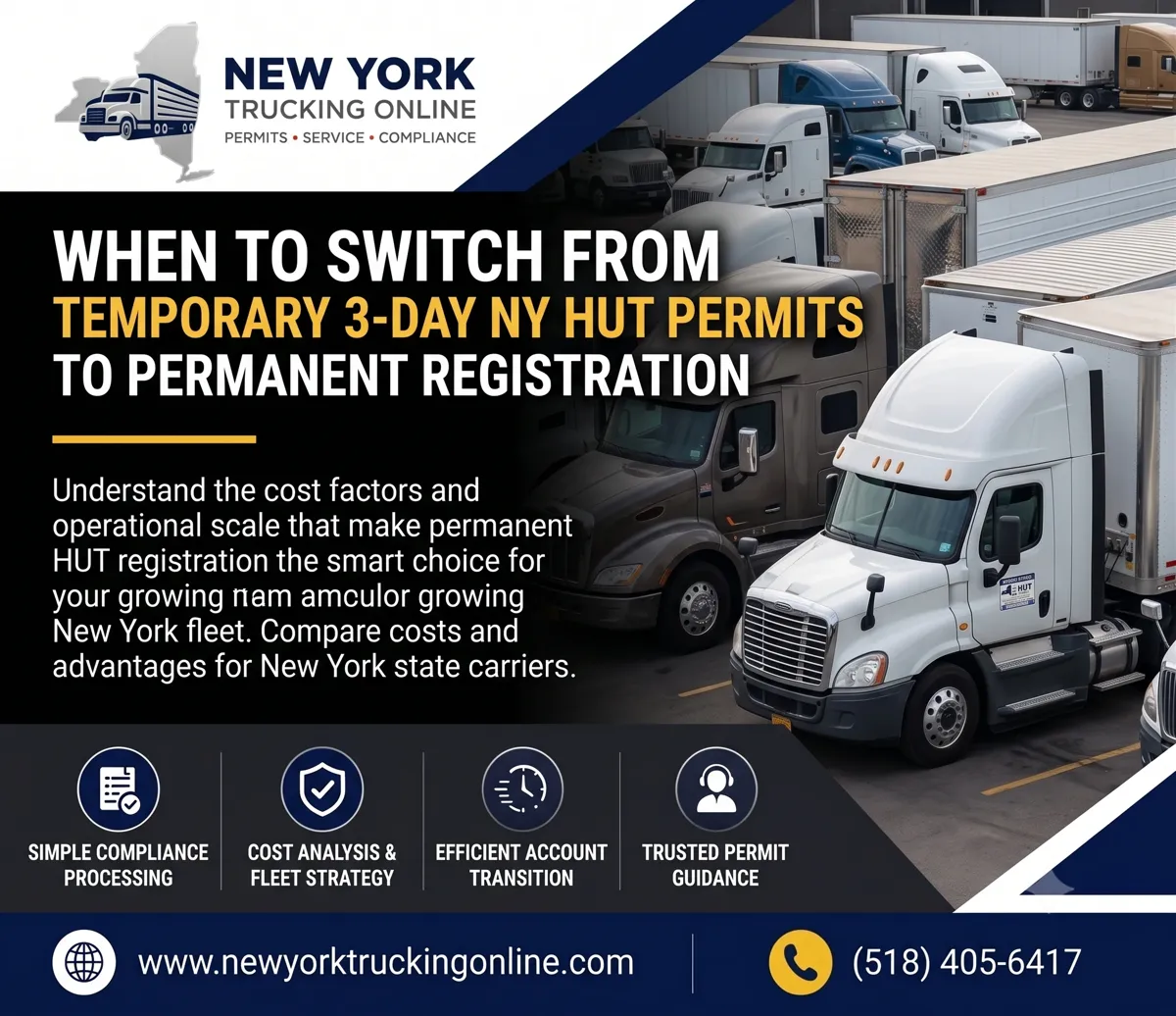Commercial trucks parked at a terminal for NY HUT permit scaling