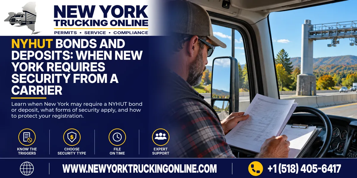 Semi truck on a New York highway illustrating NYHUT bond and deposit requirements