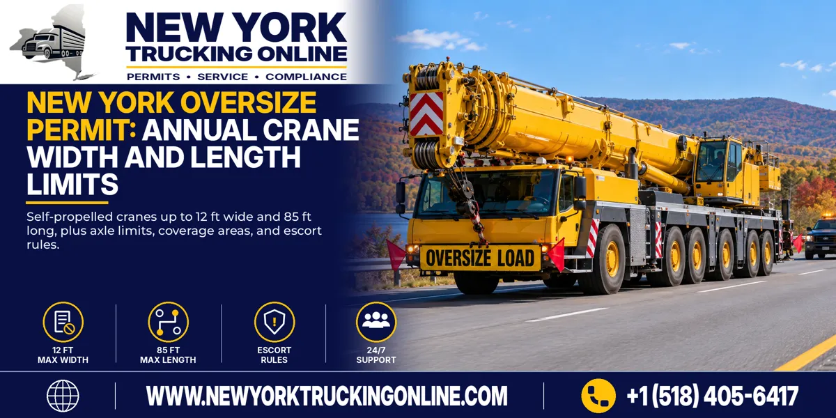 Self-propelled crane with an OVERSIZE LOAD banner and escort car on a New York highway in autumn