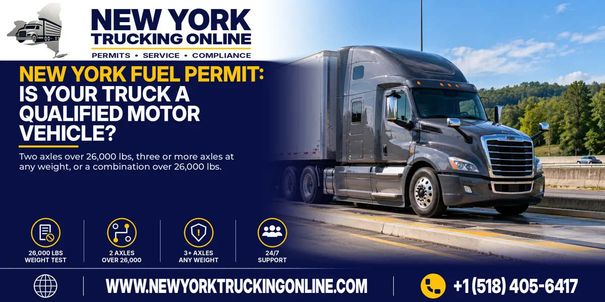 Three-axle tractor-trailer at a New York weigh station showing the New York Fuel Permit axle and weight test