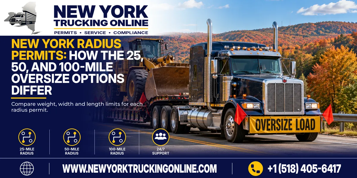 Oversize load truck with a New York radius permit on an upstate highway