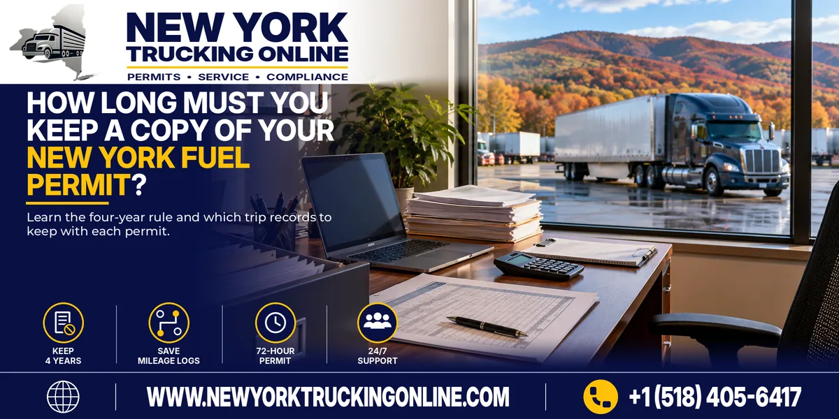New York Fuel Permit copies filed in a trucking office records cabinet